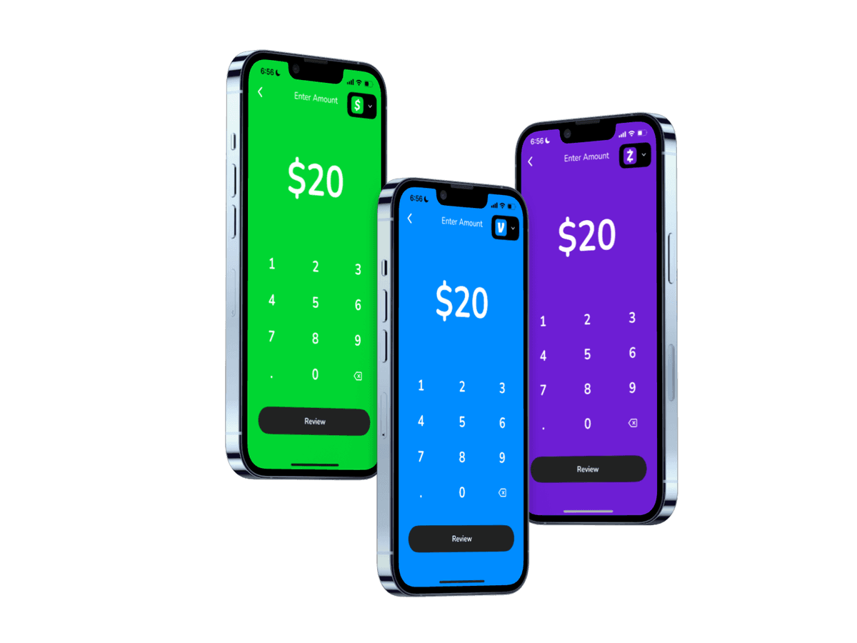 Charm payment interface on iPhone showing different colored themes